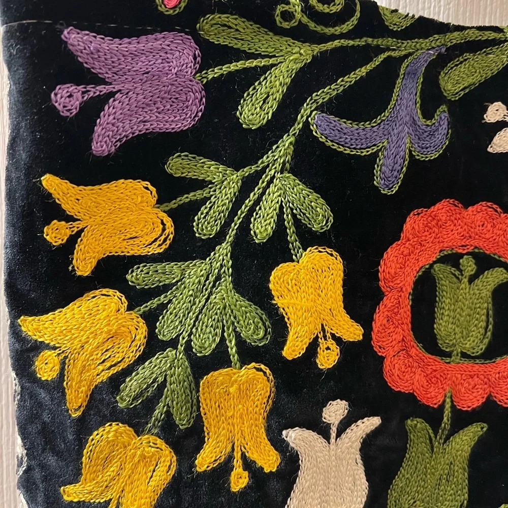 Vintage velvet Black Floral Embroidered Tote Bag - Colorful Flower Design